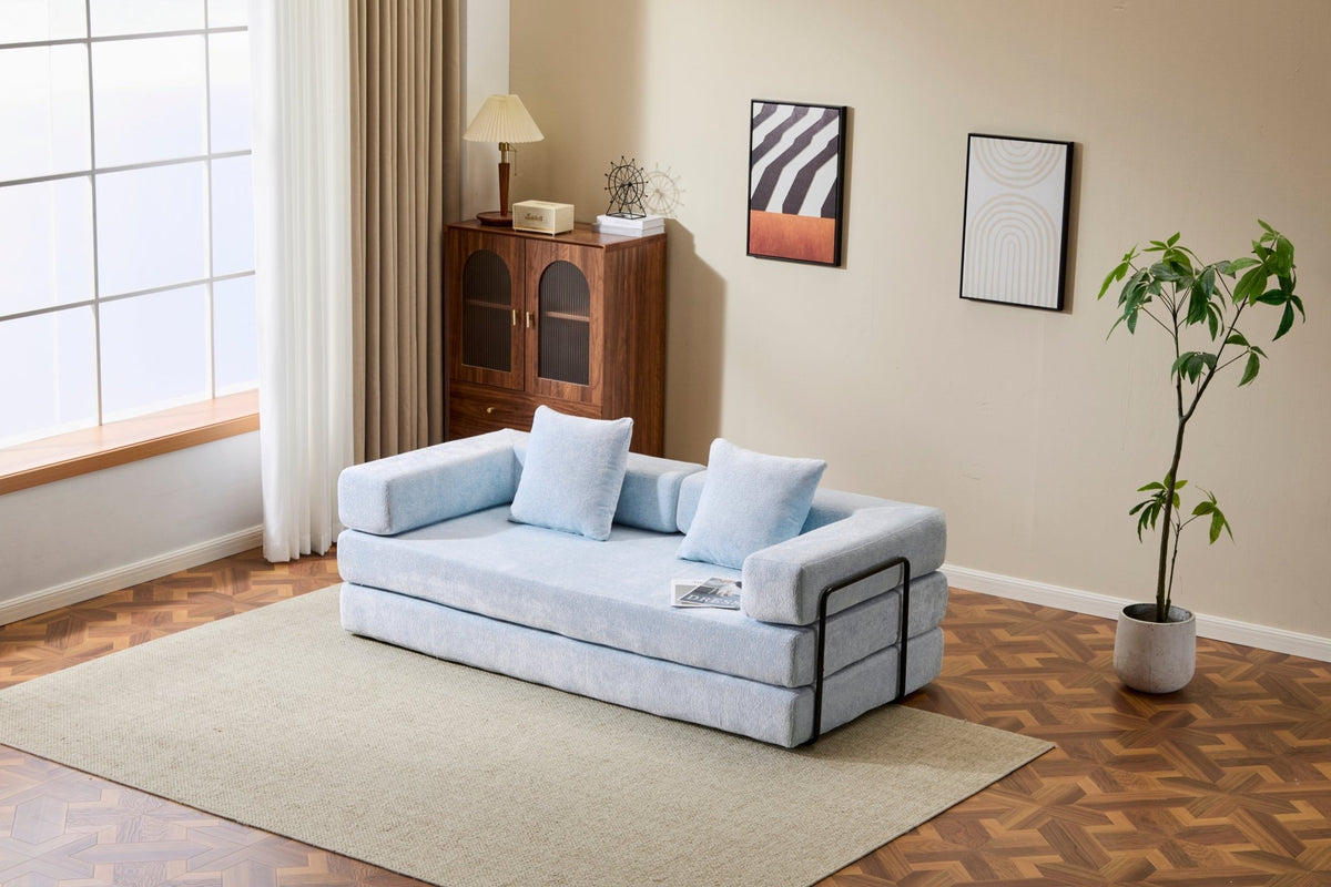 Light blue Anthony & Home Chenille Collection sofa bed with convertible design and memory foam cushions, ideal for versatile living spaces.