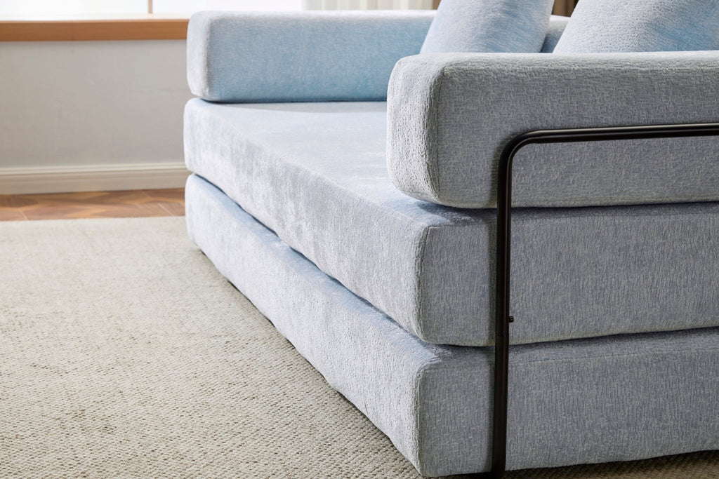 Light blue Anthony & Home Chenille Collection convertible floor sofa bed with memory foam cushions, showcasing its soft fabric and versatile design.