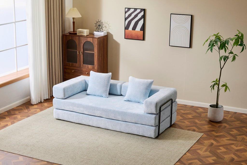 Light blue Anthony & Home Chenille Collection convertible sofa bed with memory foam cushions, showcasing its plush design and versatile form.