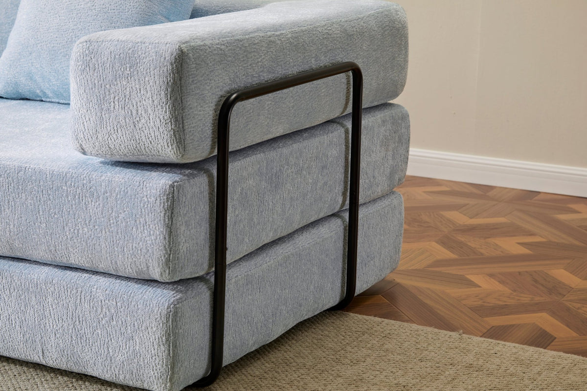 Light blue Anthony & Home Chenille Collection convertible floor sofa bed with memory foam cushions, showcasing its plush design and versatility.