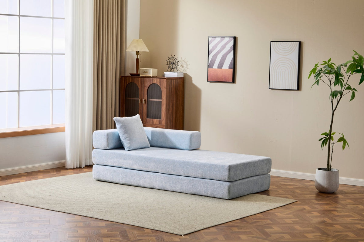 Light blue Anthony & Home Chenille Collection convertible floor sofa bed with memory foam cushions, showcasing its plush, versatile design.