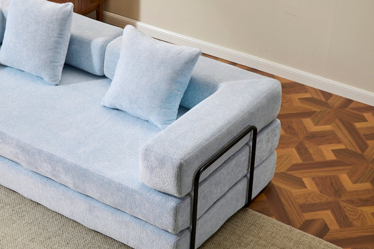 Light blue Anthony & Home Chenille Collection convertible floor sofa bed with memory foam cushions, stylish and versatile for living spaces.