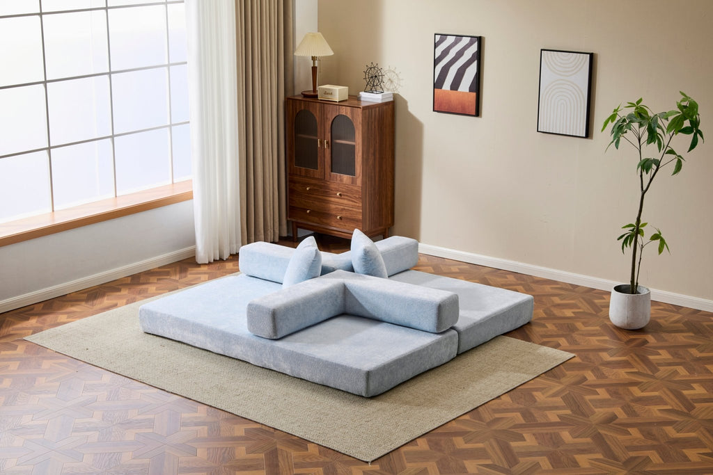 Light blue Anthony & Home Chenille Collection convertible floor sofa bed with memory foam cushions, stylish and versatile for modern living.