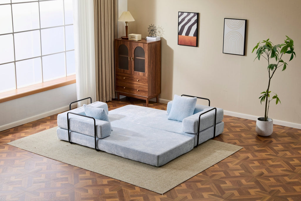 Light blue Anthony & Home Chenille Collection convertible sofa bed with memory foam cushions, stylish floor sofa and bed in one.
