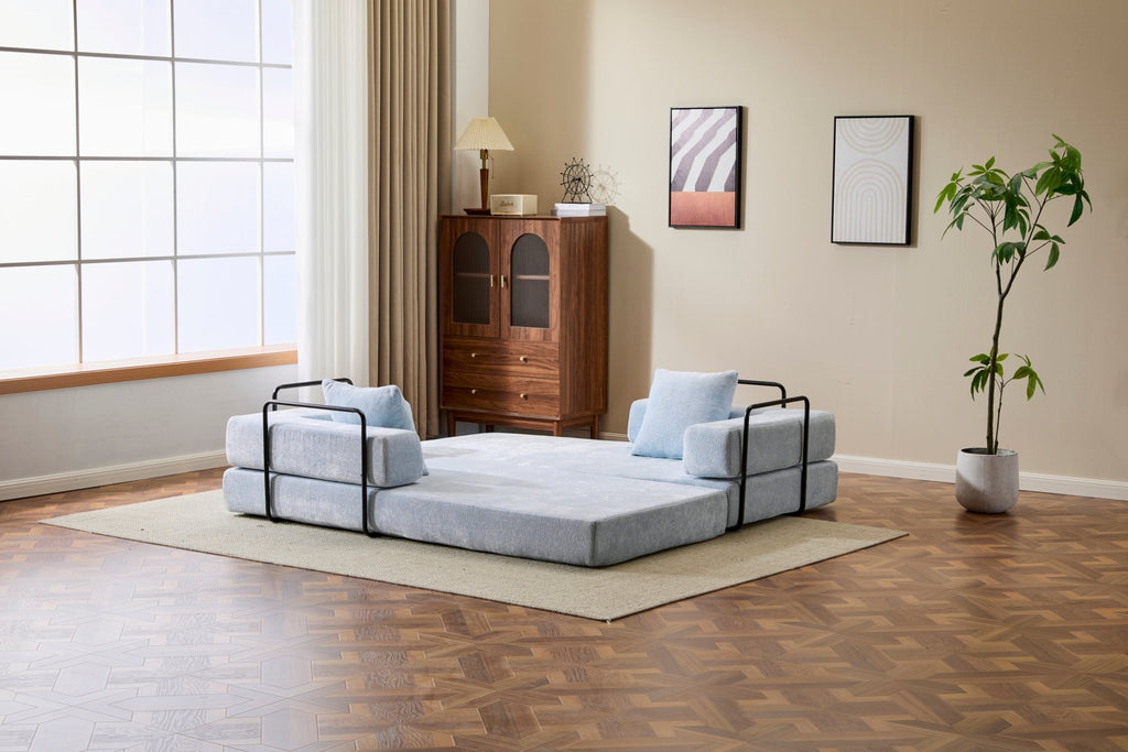 Light blue Anthony & Home Chenille Collection convertible floor sofa bed with memory foam cushions, perfect for lounging and sleeping.