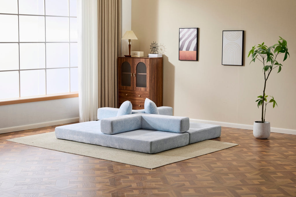 Light blue Anthony & Home Chenille Collection convertible floor sofa bed with memory foam cushions, stylish and versatile for modern living.