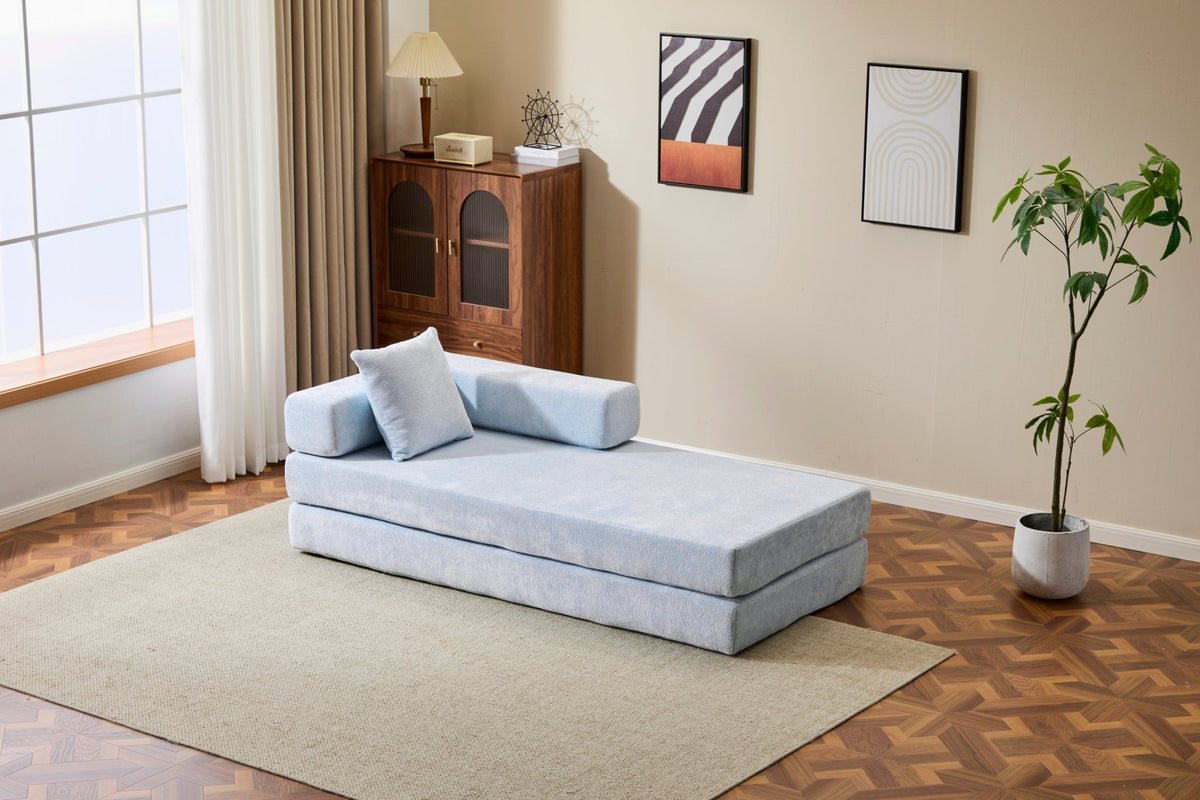 Light blue Anthony & Home Chenille Collection convertible floor sofa bed with memory foam cushions and modern design.