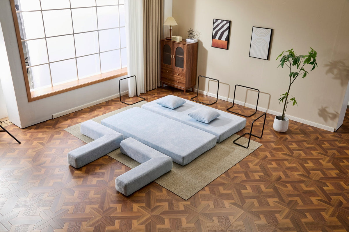 Light blue Anthony & Home Chenille Collection convertible floor sofa bed with memory foam cushions, versatile and comfortable for living spaces.