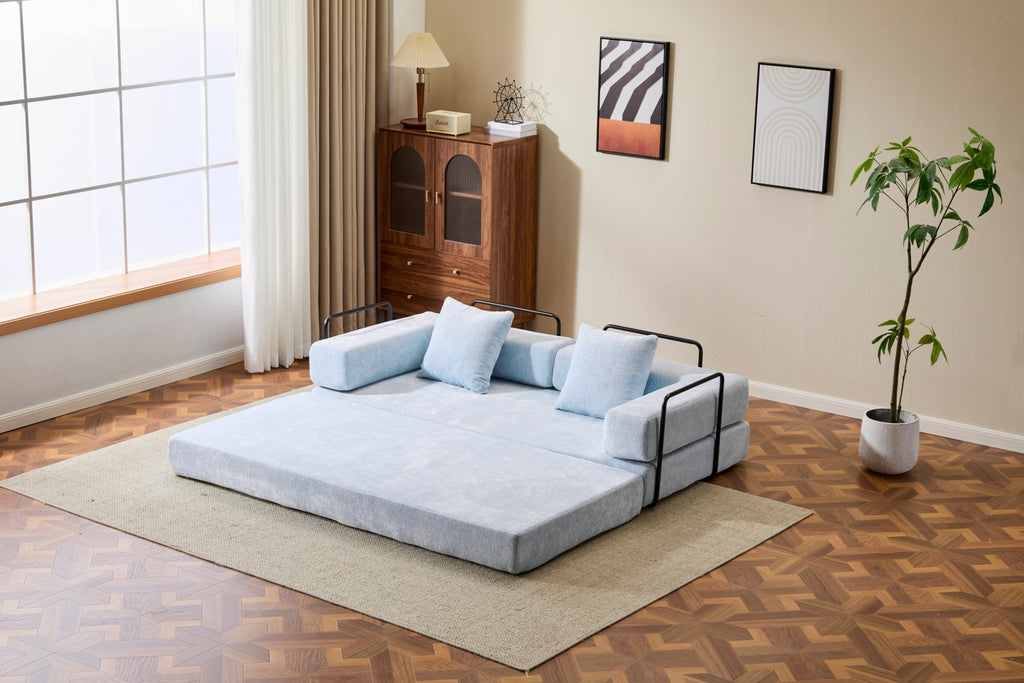 Light blue Anthony & Home Chenille Collection convertible floor sofa bed with memory foam cushions and modern design.