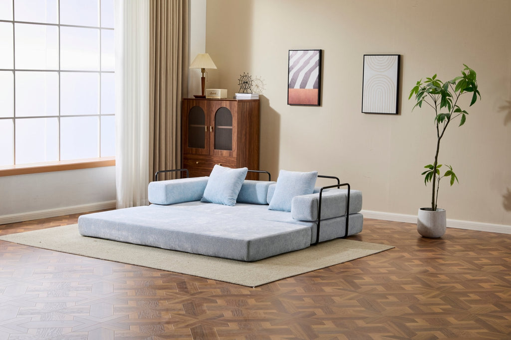 Light blue Anthony & Home Chenille Collection convertible sofa bed with memory foam cushions, showcasing its plush fabric and versatile design.