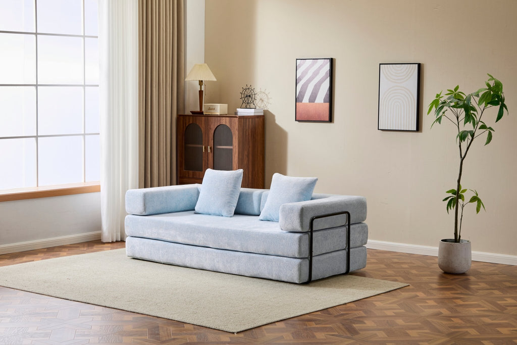 Light blue Anthony & Home Chenille Collection convertible sofa bed with memory foam cushions, showing its plush fabric and versatile design