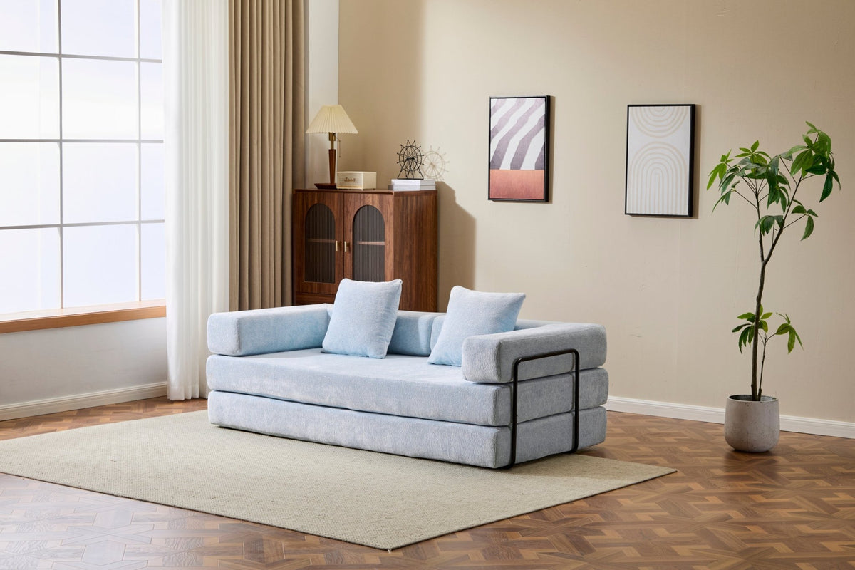 Light blue Anthony & Home Chenille Collection convertible sofa bed with memory foam cushions, showing its plush fabric and versatile design