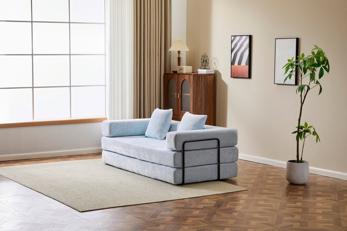 Light blue Anthony & Home Chenille Collection convertible floor sofa bed with memory foam cushions, showcasing its plush fabric and versatile design.