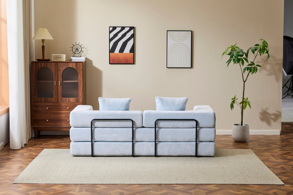 Light blue Anthony & Home Chenille Collection convertible floor sofa bed with memory foam cushions, stylish and comfortable for versatile seating.