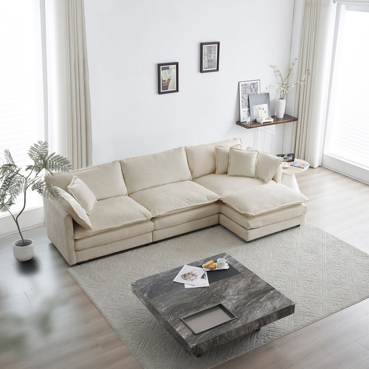 Beige Chenille Collection L-shaped sectional sofa by Anthony & Home, showcasing plush cushions and modern design.