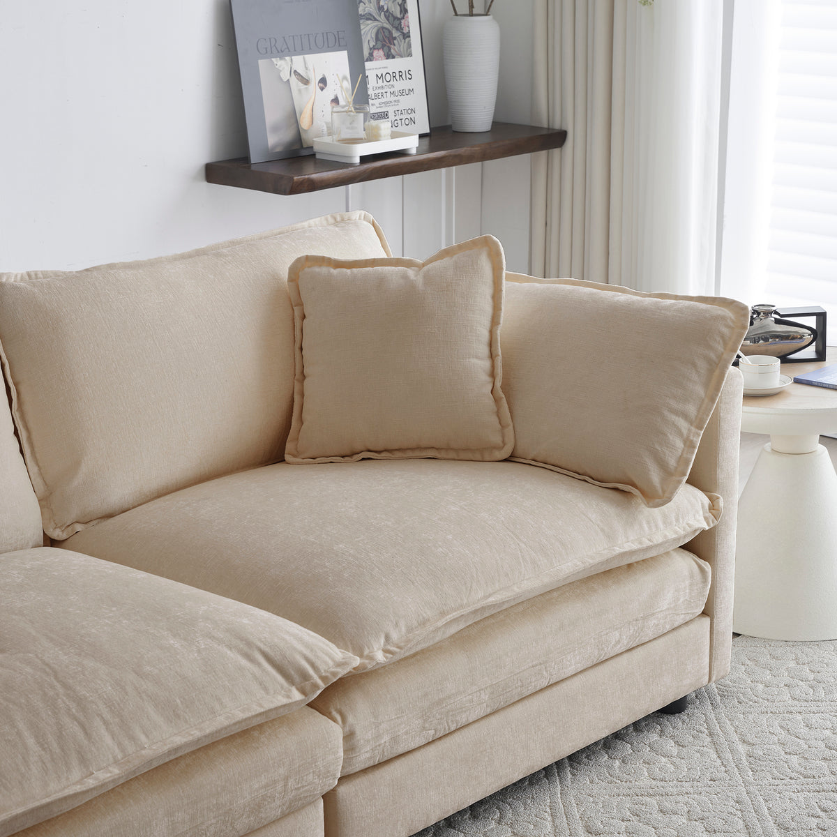 Beige chenille L-shaped sectional sofa from Anthony & Home's Chenille Collection, featuring plush cushions and modern design.