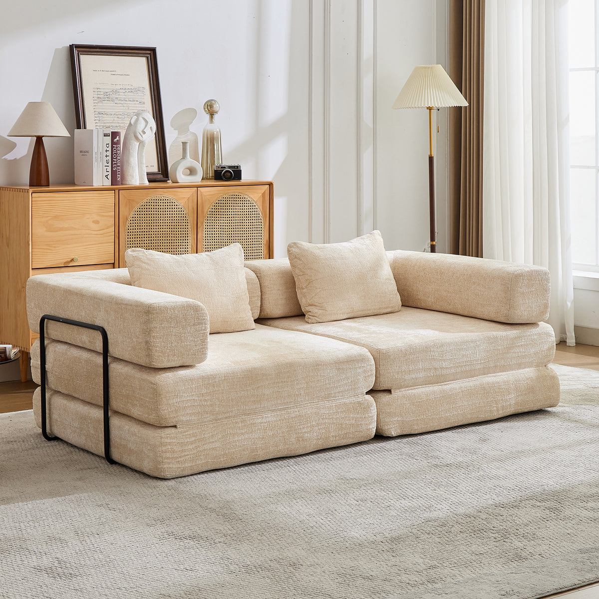 Chenille convertible floor sofa bed by Anthony & Home, limited edition, showing plush chenille fabric and versatile fold-out design.