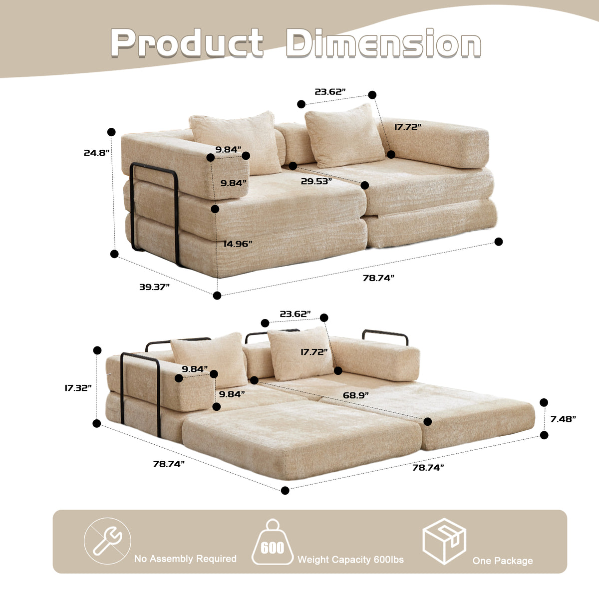 Anthony & Home chenille convertible floor sofa bed in limited edition, showing plush fabric and versatile design for lounging or sleeping.