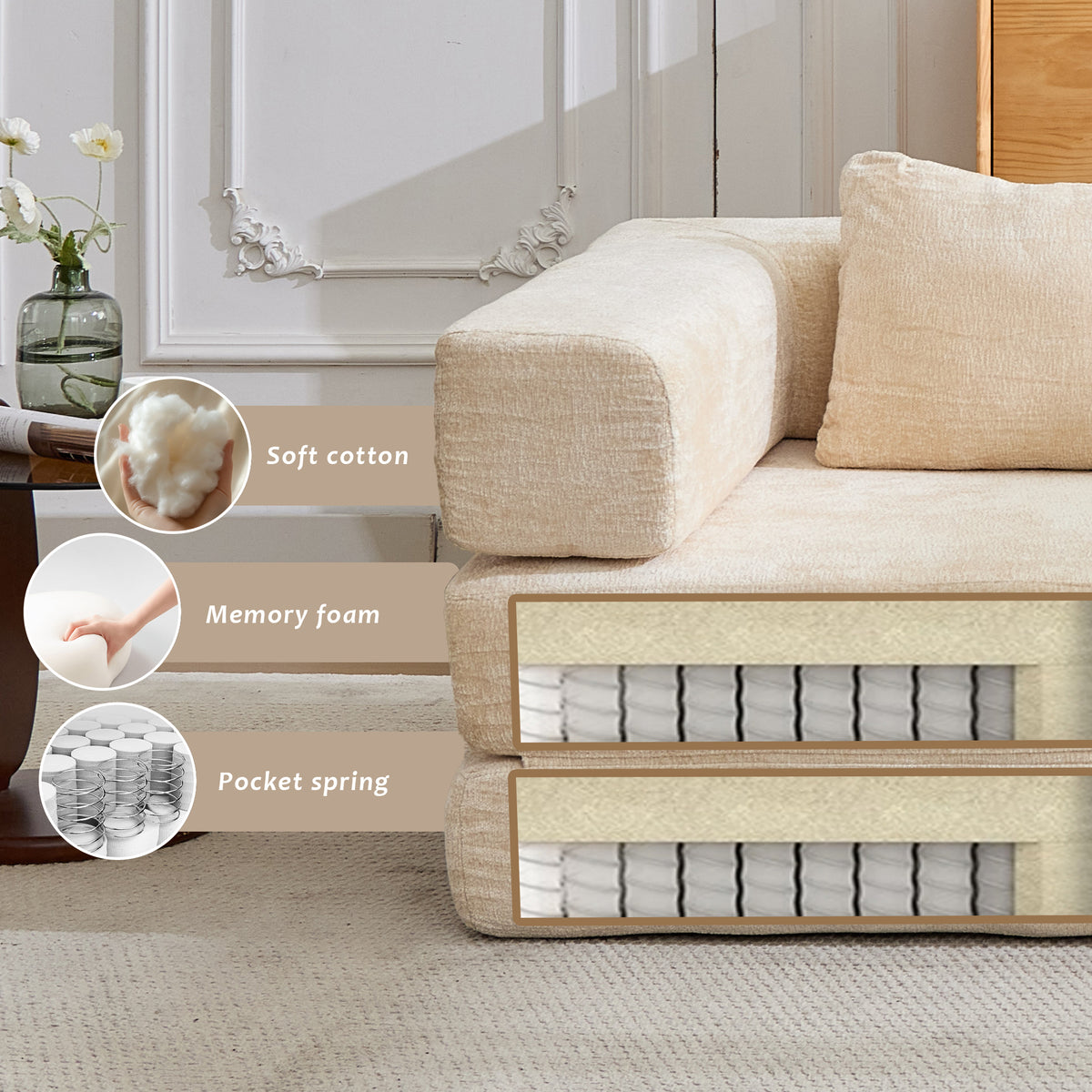 Anthony & Home chenille convertible floor sofa bed in limited edition, showcasing plush fabric and versatile design with seating and sleeping options.