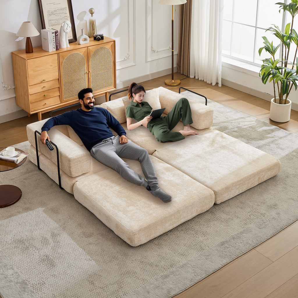 Chenille convertible floor sofa bed by Anthony & Home, limited edition, showcasing its plush, versatile design and neutral color.