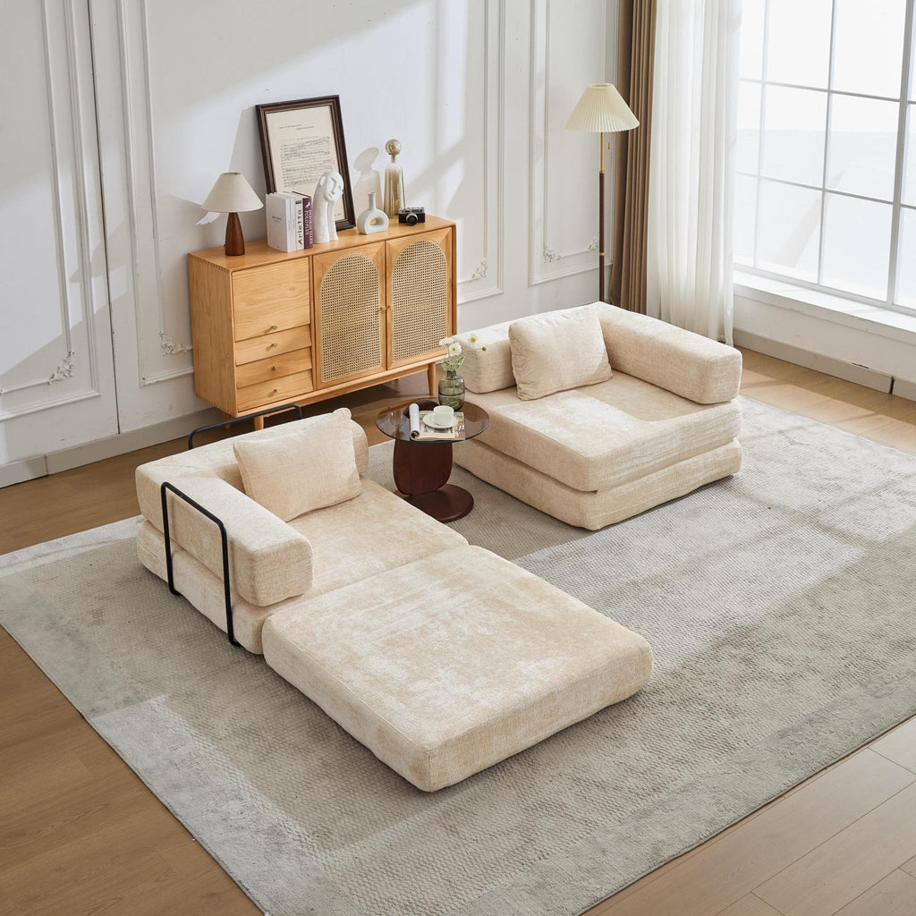 Chenille convertible floor sofa bed by Anthony & Home, limited edition in soft, plush chenille fabric, shown in a modern living room setting.