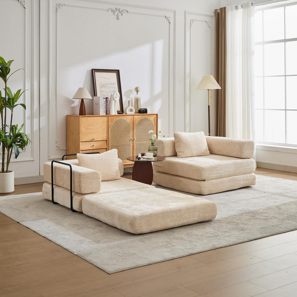 Anthony & Home chenille convertible floor sofa bed, limited edition, showing plush beige fabric and versatile seating and sleeping area.
