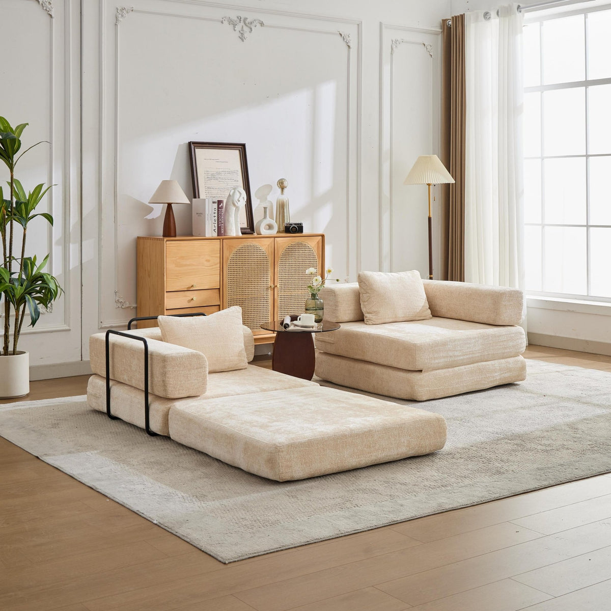 Anthony & Home chenille convertible floor sofa bed, limited edition, showing plush beige fabric and versatile seating and sleeping area.