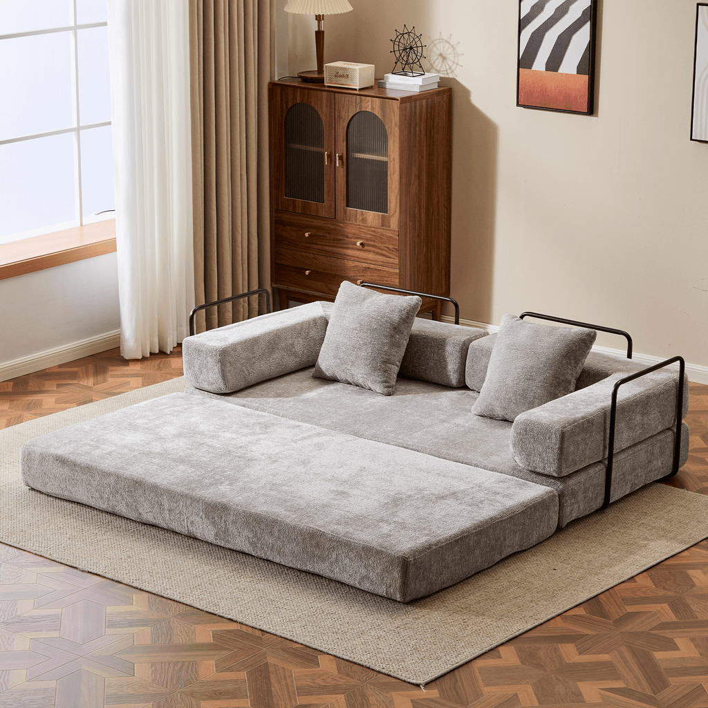 Light grey Anthony & Home chenille sofa bed with pillow back in convertible design, showing plush fabric and modern style.