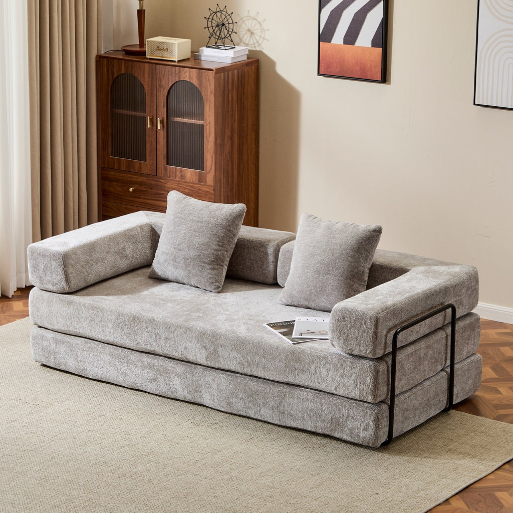 Light grey Anthony & Home chenille sofa bed with pillow back, convertible design and modern style.