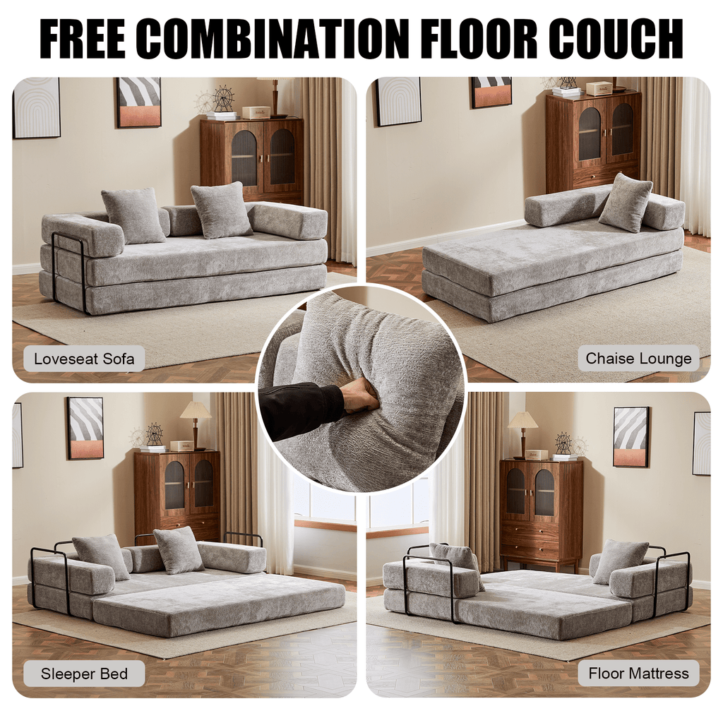 Light grey Anthony & Home chenille sofa bed with pillow back, convertible design for versatile seating and sleeping.