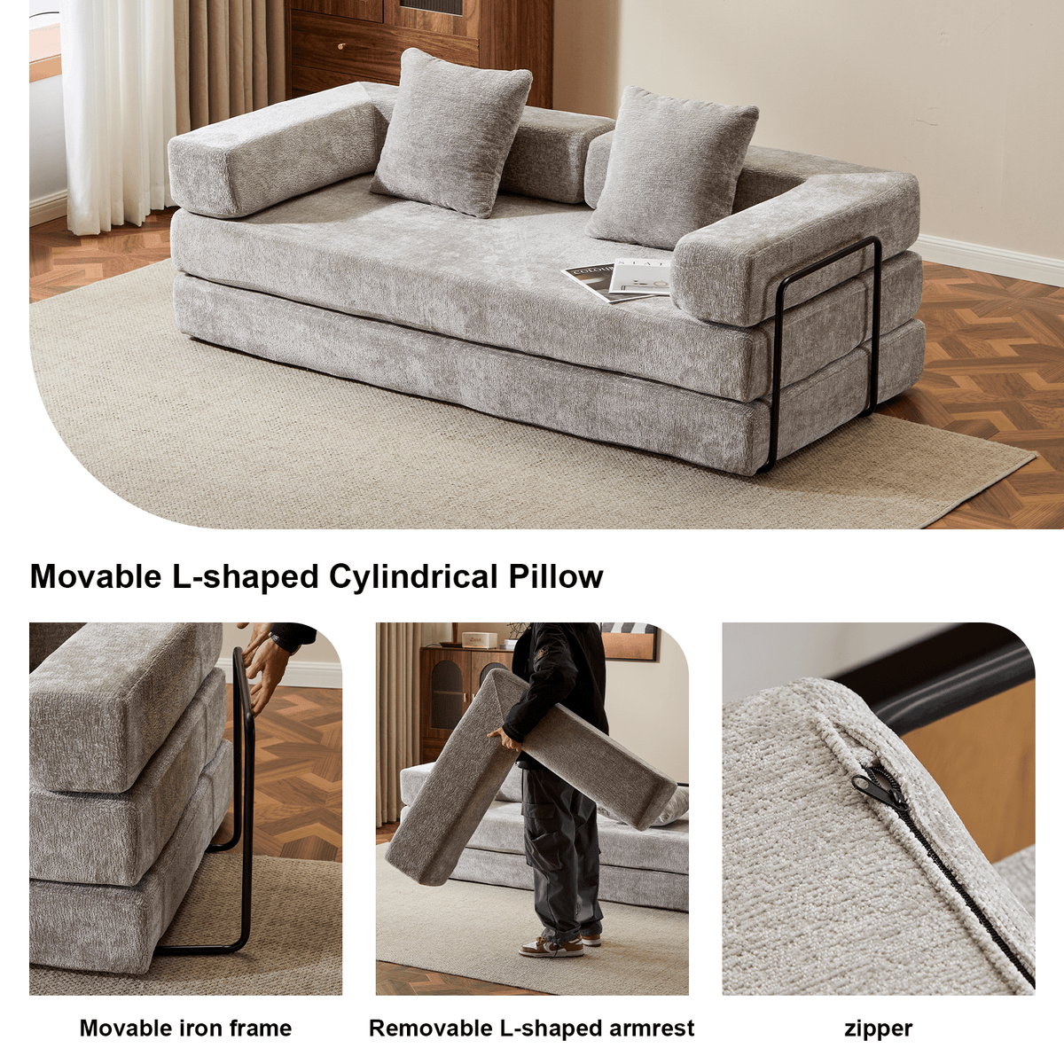 Light grey Anthony & Home chenille sofa bed with pillow back, convertible for seating and sleeping, signature edition.