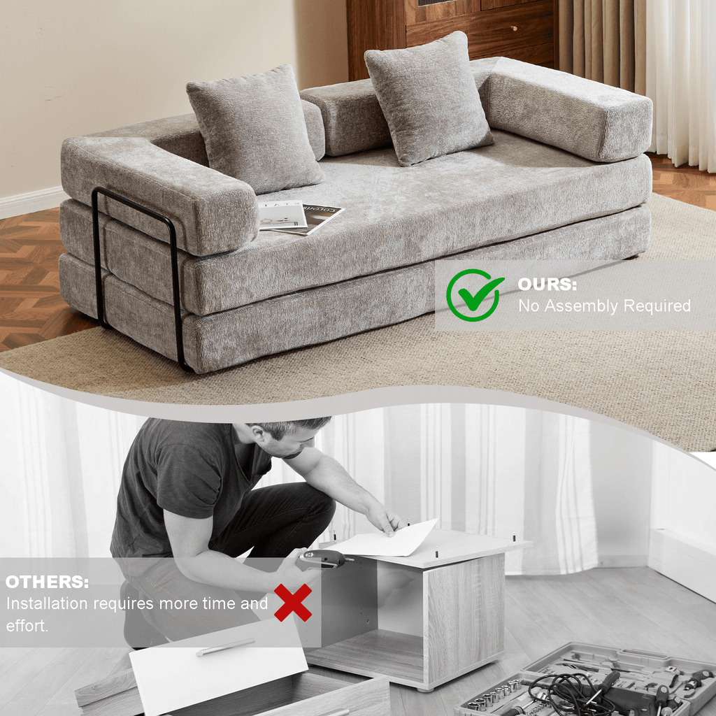 Light grey Anthony & Home chenille sofa bed with pillow back, convertible design, Signature Edition, suitable for lounging and sleeping.