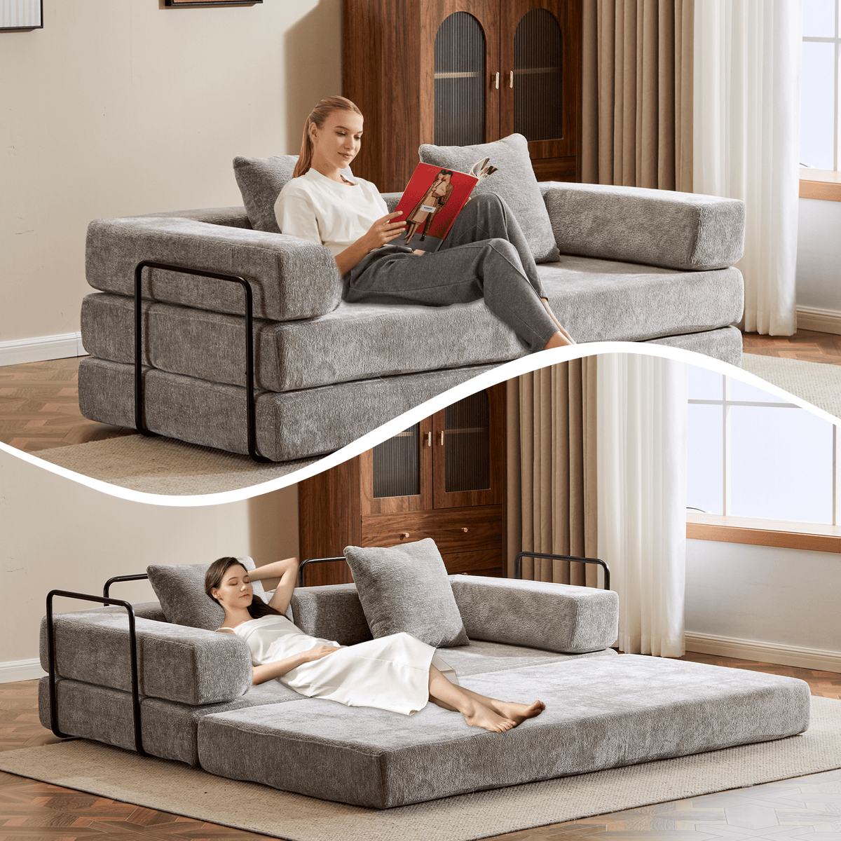 Light grey Anthony & Home chenille sofa bed with pillow back, convertible design, signature edition for versatile comfort.