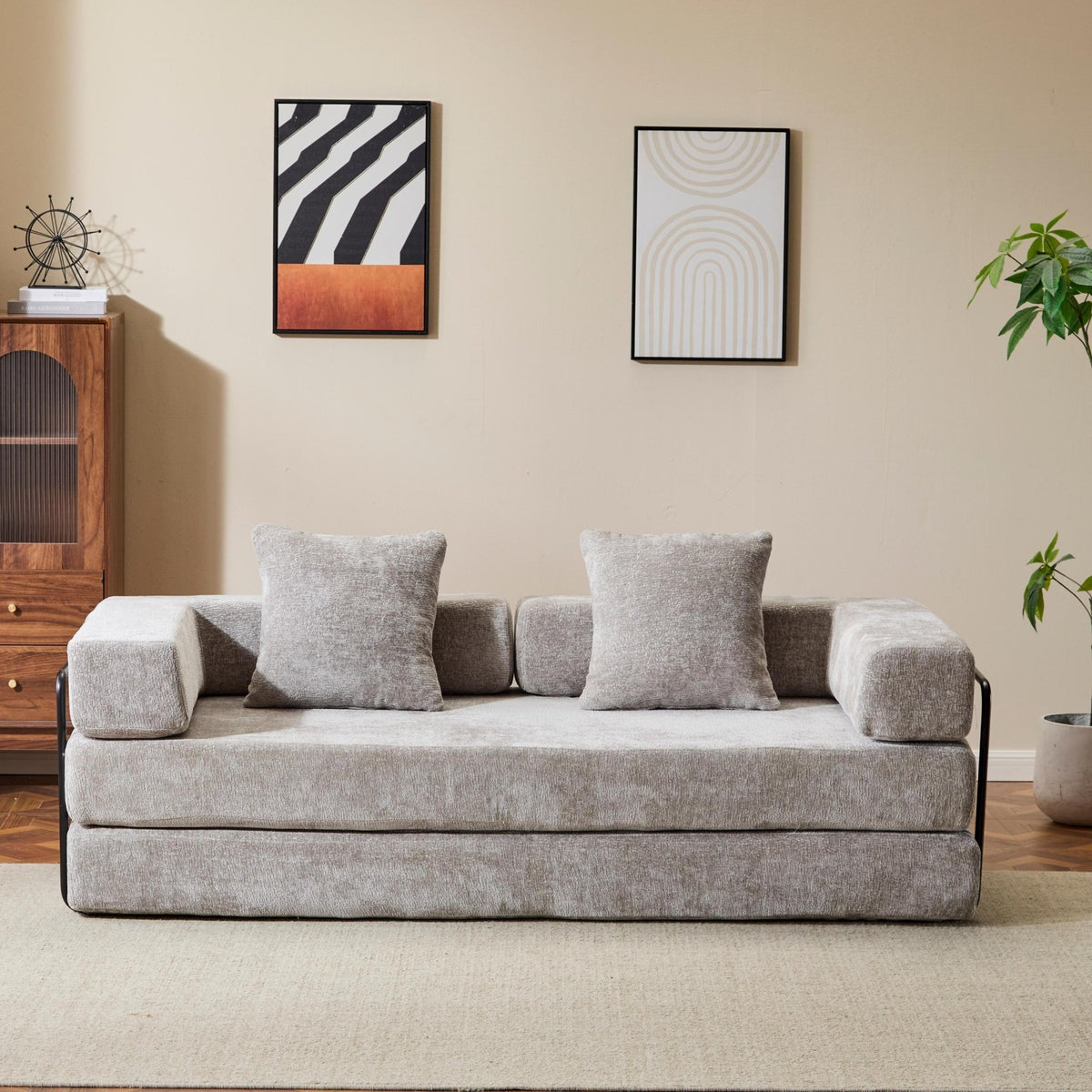 Light grey Anthony & Home chenille sofa bed with convertible design and pillow back, perfect for modern living spaces.