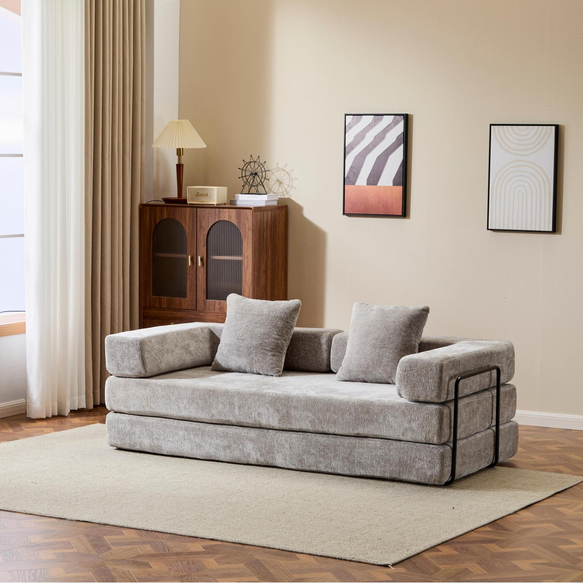 Light grey Anthony & Home Chenille sofa bed with pillow back, convertible design, stylish and comfortable for living room use.