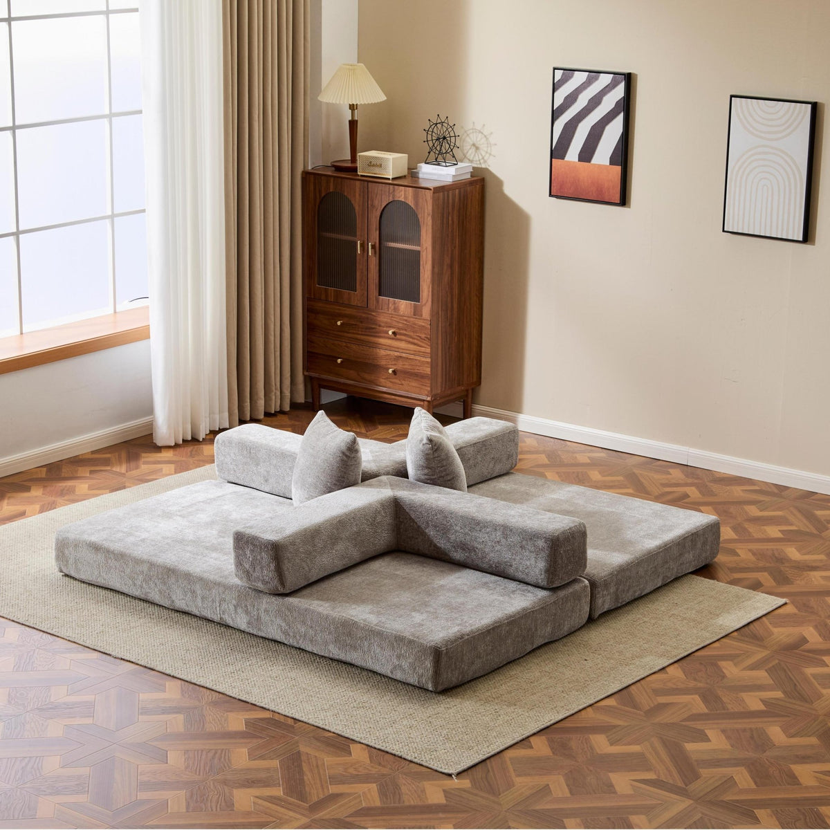 Light grey Anthony & Home chenille sofa bed with convertible design, pillow back and signature edition style.