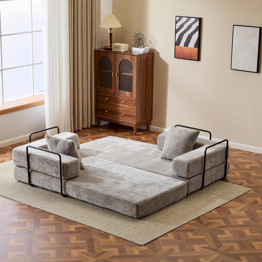 Light grey Anthony & Home Chenille floor sofa bed with pillow back, convertible design, Signature Edition style.