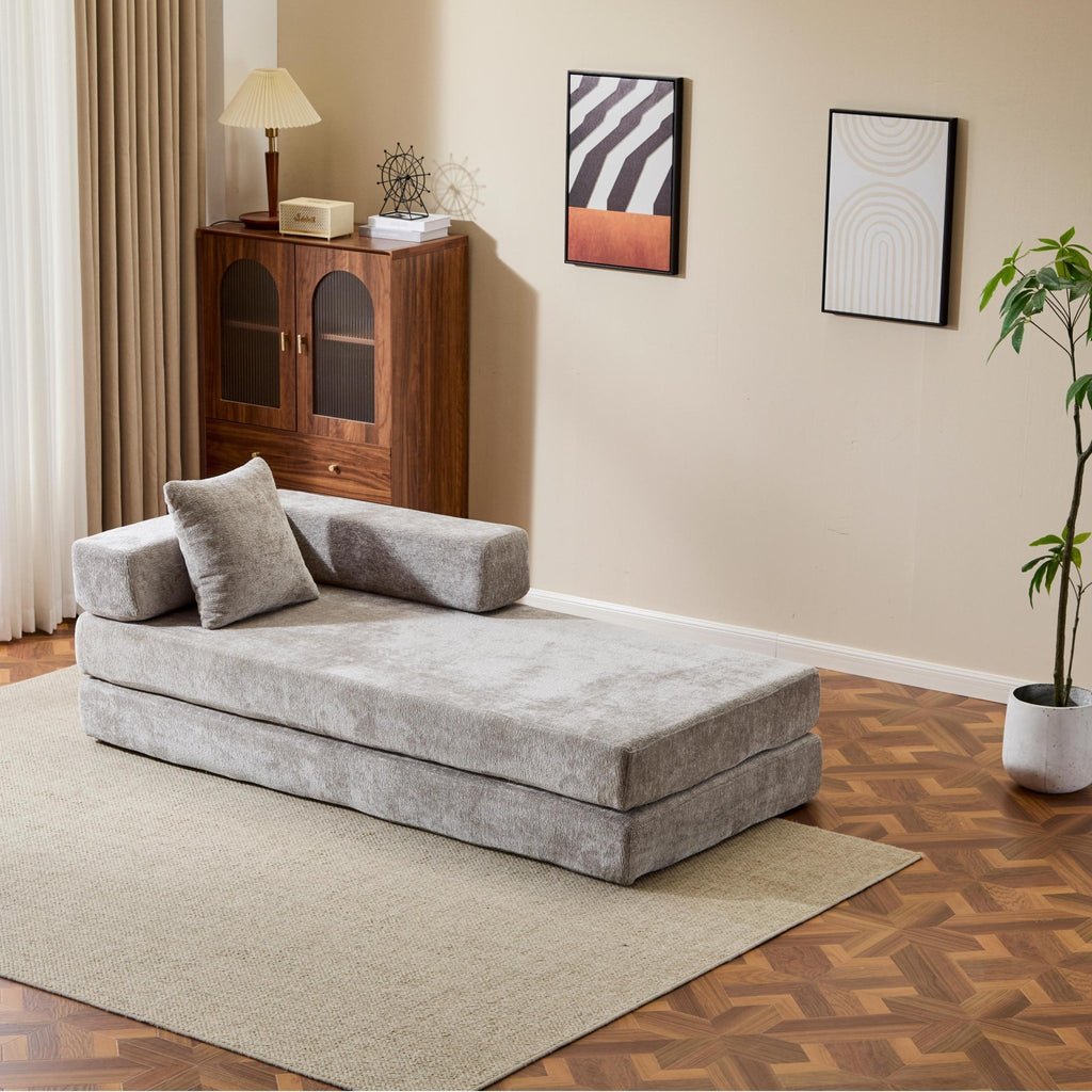 Light grey Anthony & Home chenille sofa bed with convertible design and pillow back, perfect for versatile living spaces.