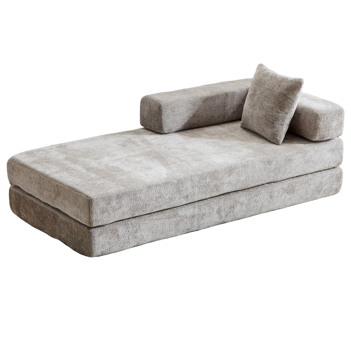 Light grey Anthony & Home chenille sofa bed with pillow back, convertible design and signature edition style, placed in a modern living room.