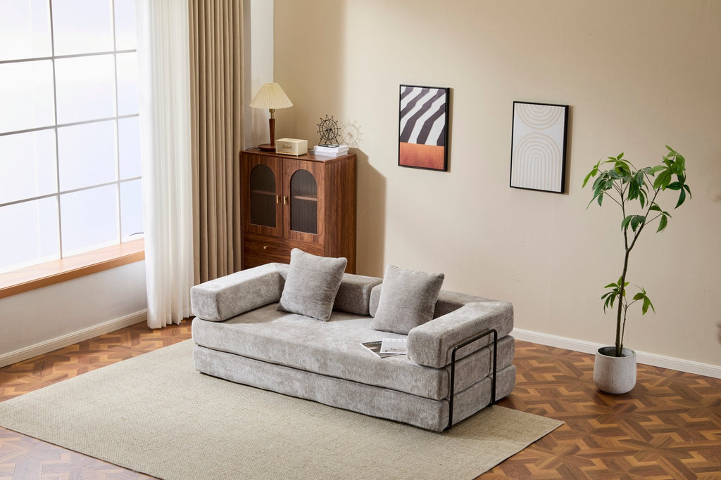 Light grey Anthony & Home chenille sofa bed with pillow back, convertible design, ideal for living room comfort and style