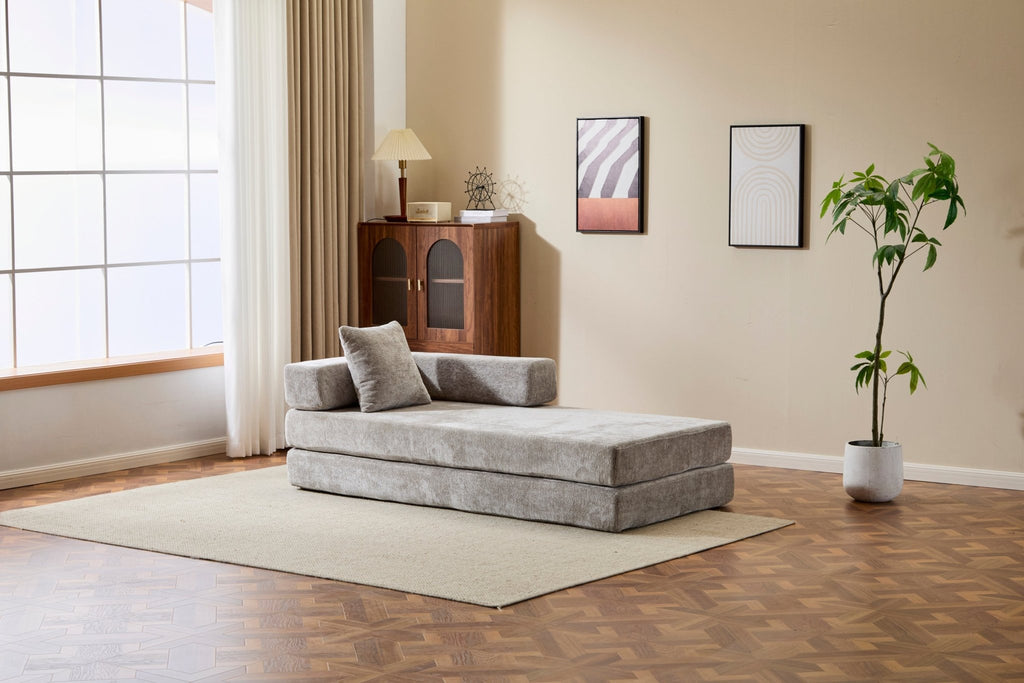 Light grey Anthony & Home chenille sofa bed with convertible design and pillow back, signature edition for versatile comfort and style.