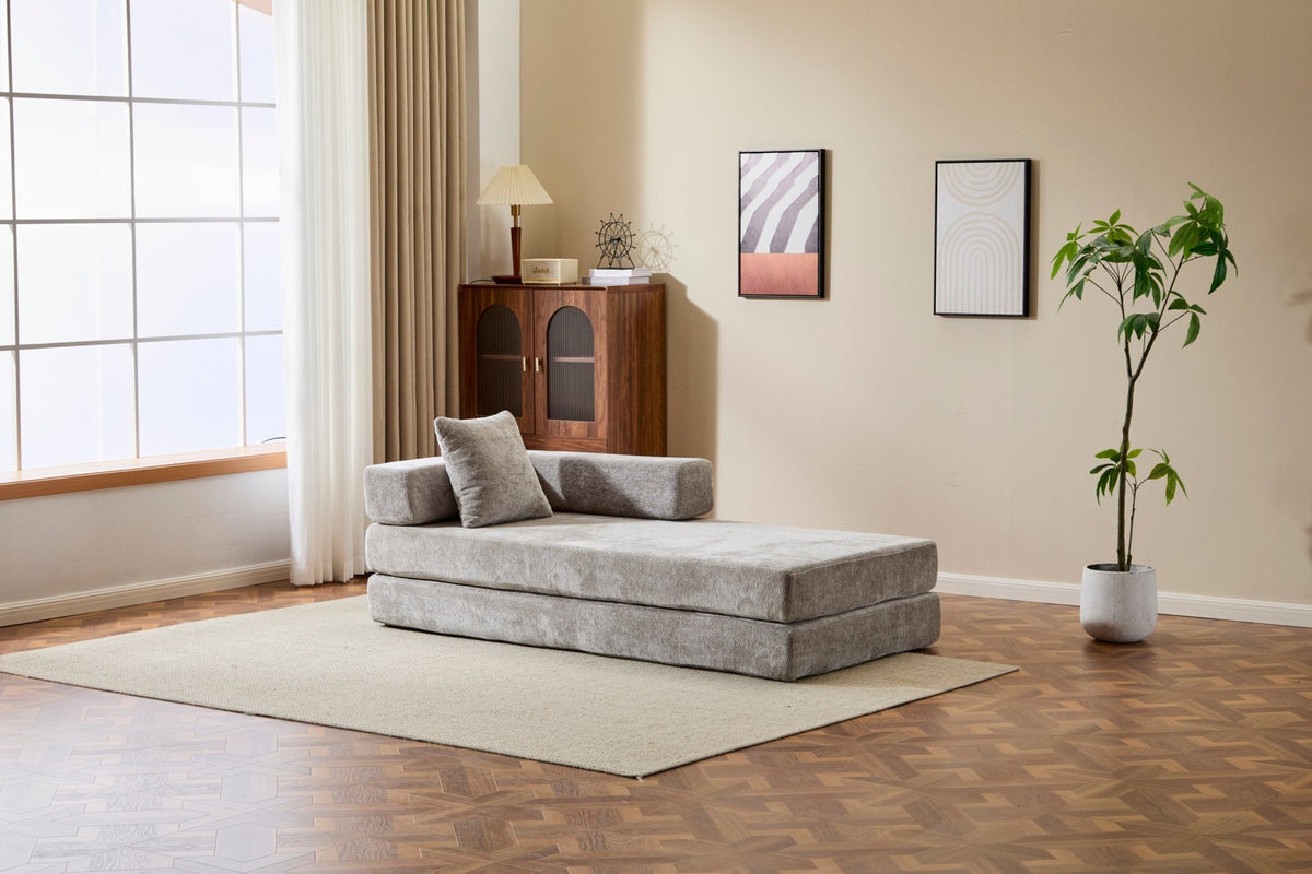 Light grey Anthony & Home chenille sofa bed with convertible design and pillow back, signature edition for versatile comfort and style.