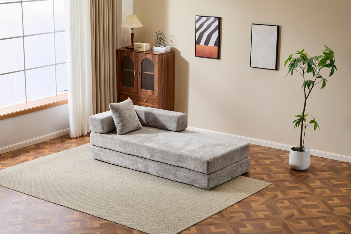 Light grey Anthony & Home chenille sofa bed with pillow back, convertible for seating and sleeping, signature edition.
