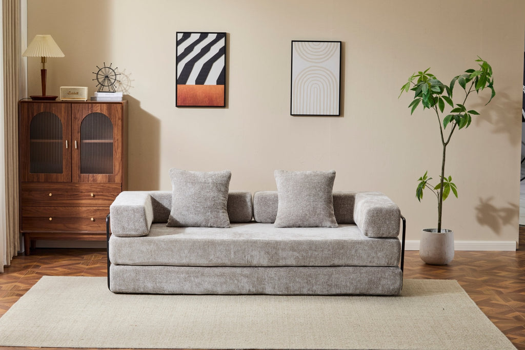 Light grey Anthony & Home chenille sofa bed with pillow back, convertible design, perfect for living room seating and sleeping.