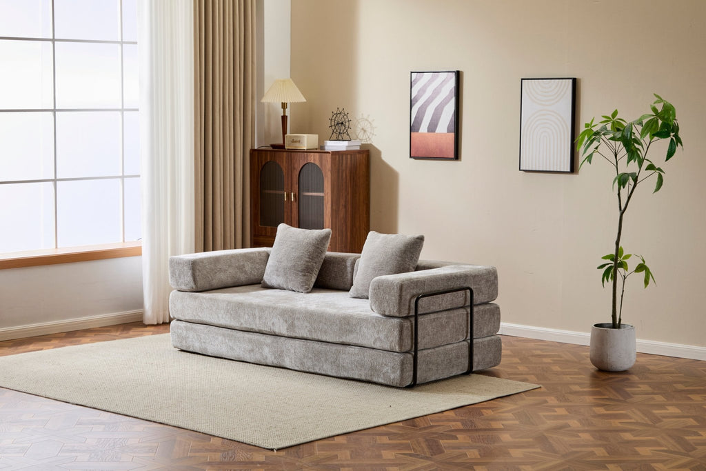 Light grey Anthony & Home chenille convertible floor sofa bed with pillow back, signature edition, showcasing its plush design and versatile style.