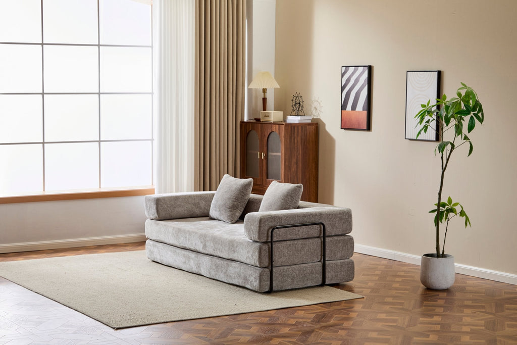 Light grey Anthony & Home chenille sofa bed with convertible design and pillow back, perfect for modern living spaces.