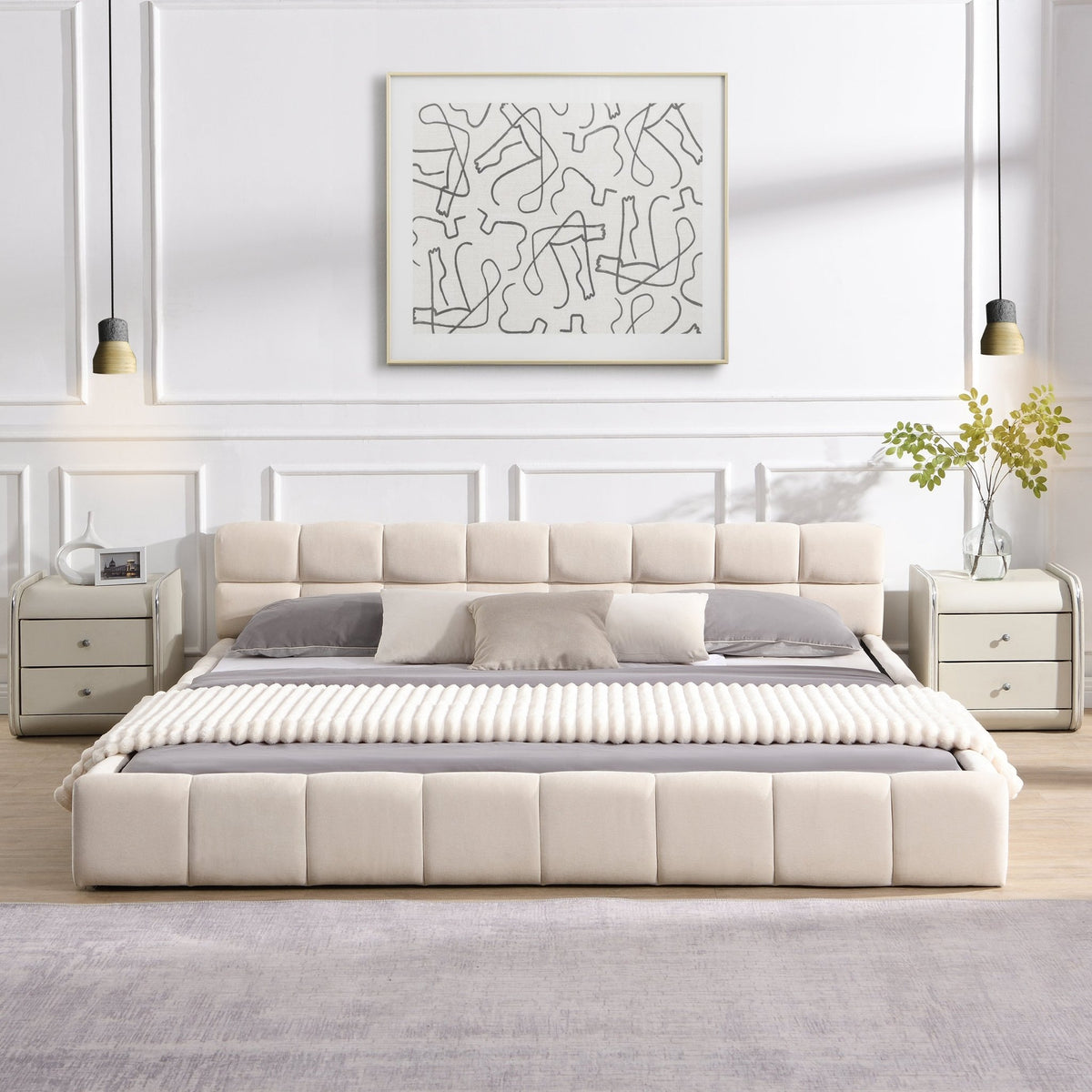 Chenille king bed with checkerboard design from Anthony & Home collection, showcasing plush bedding and modern pattern.