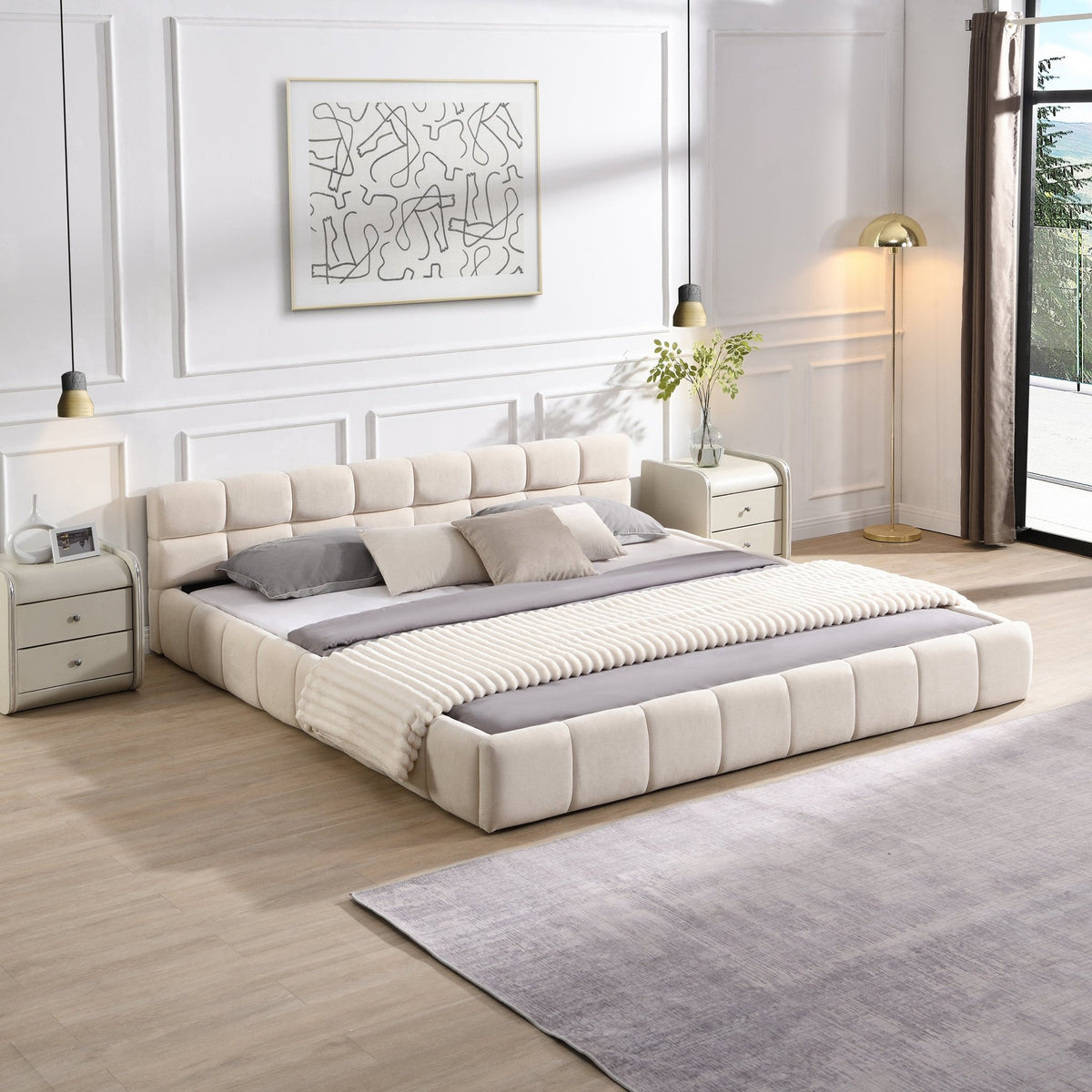 Chenille king bed with checkerboard design from Anthony & Home, showcasing plush fabric and stylish bedroom decor.