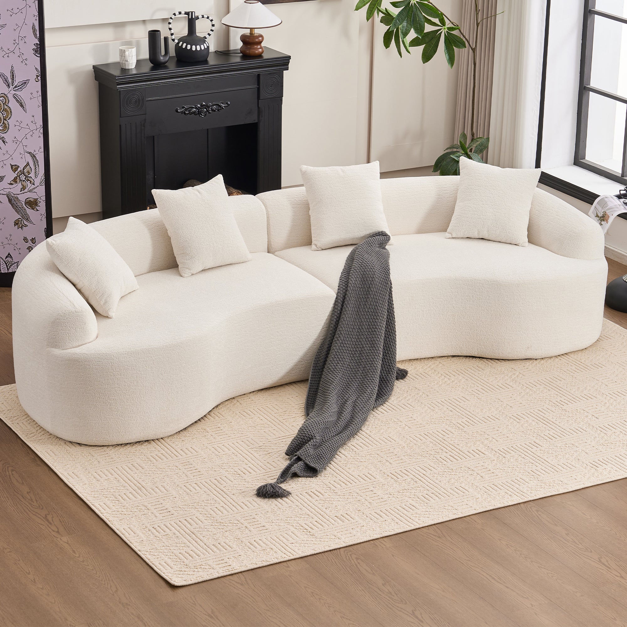 Anthony & Home Chenille Luxe Signature Curved Modular Sofa in cloud white premium upholstery, modern and plush living room furniture