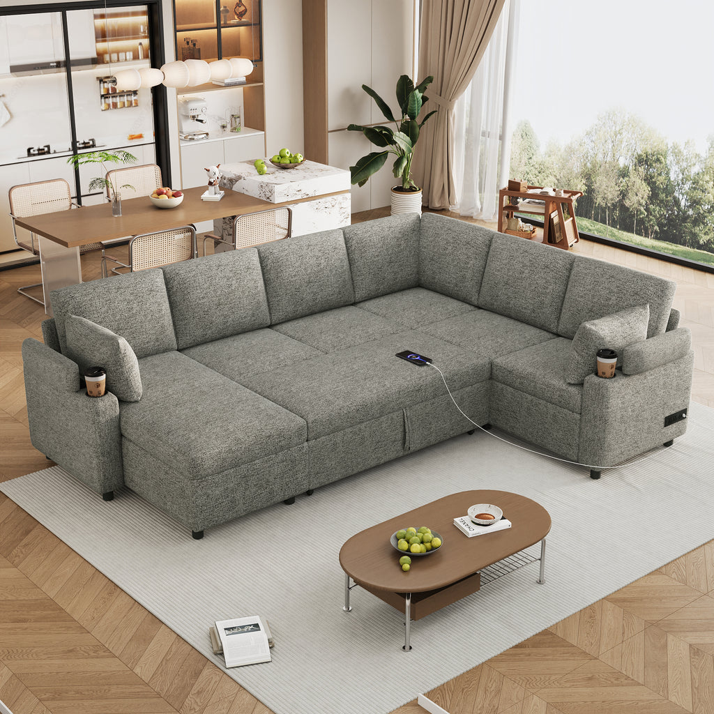 Light grey Anthony & Home chenille sectional sofa bed with plush cushions and modern design, showcasing its versatile convertible feature.